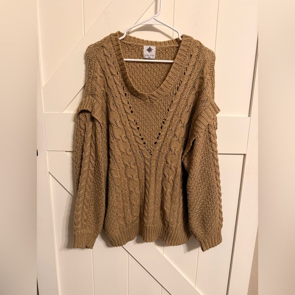 Like Love V-Neck Cable Knit Women's Large Sweater Brown Oversized Fit